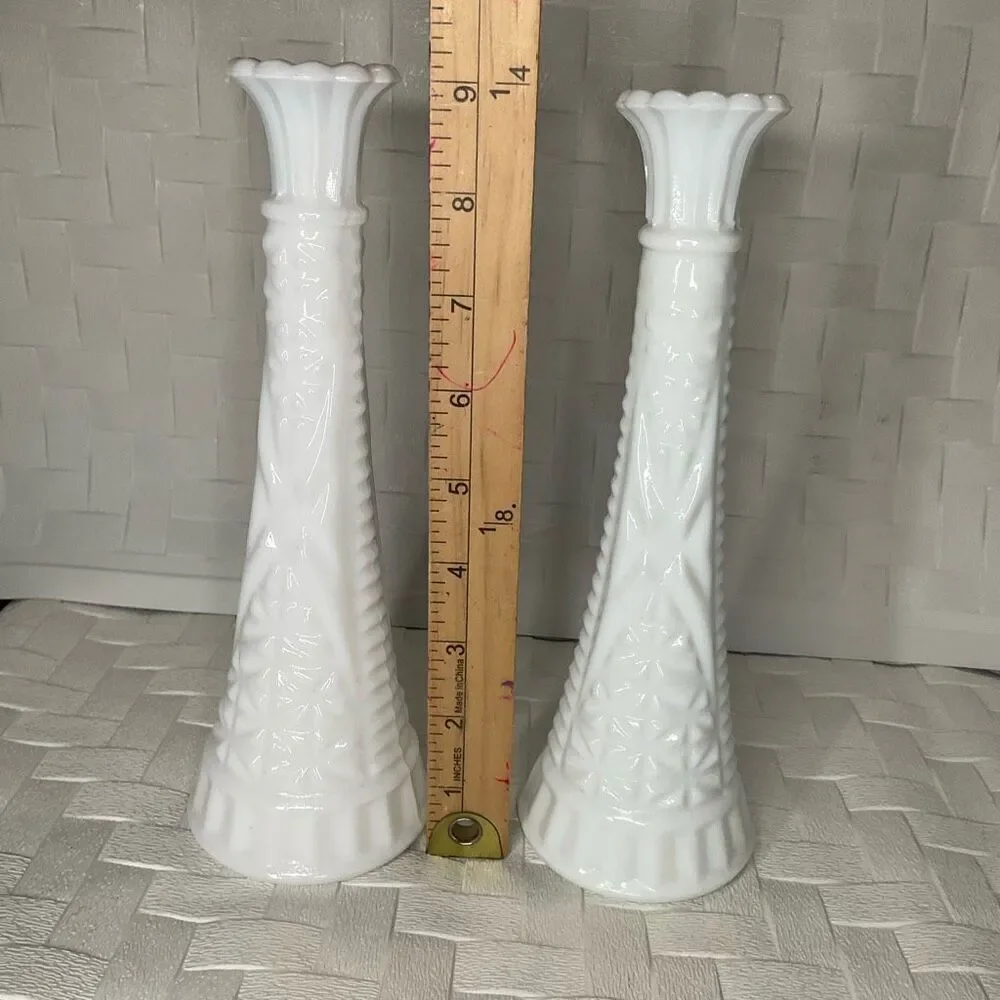 Vintage Set of 2 Two Vases Anchor Hocking Milk Glass Bud Vase -Stars and Bars 9”